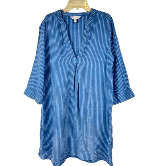 Garnet Hill Womens Blue & White Striped 100% Linen Tunic Dress V-Neck 3/4 Sleeve - Picture 2 of 15